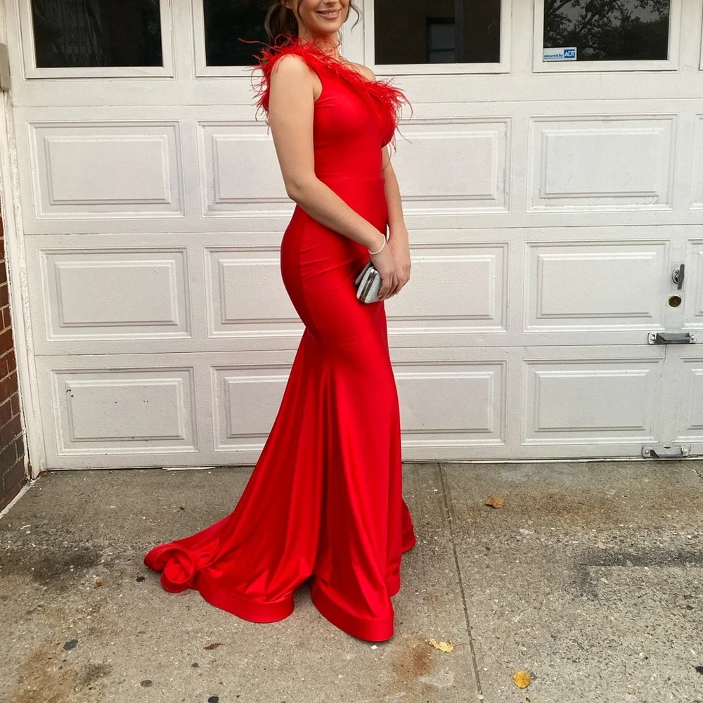 🎈HP🎈 Jessica Angel 794 Feathered One Shoulder Fitted Dress With Slit - Picture 3 of 15